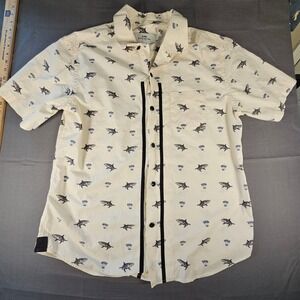 Coach Mens Shark Palm Tree Print Button Down Shirt Cream Black Stripe Large